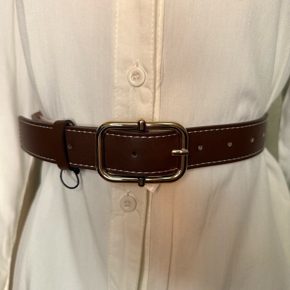 Dark brown PU leather skinny belt with gold tone square buckle